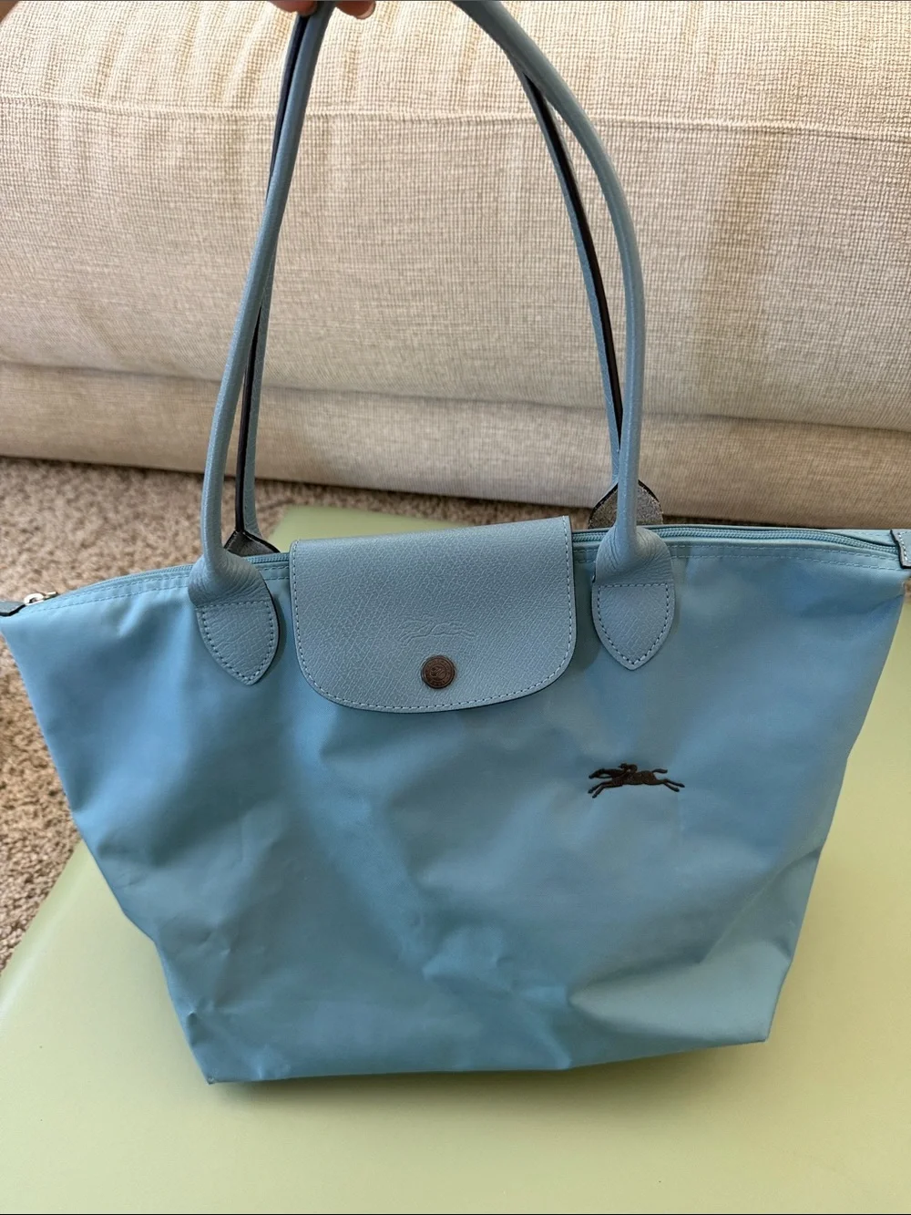 Longchamp Light Blue Nylon Tote with Leather Trim
